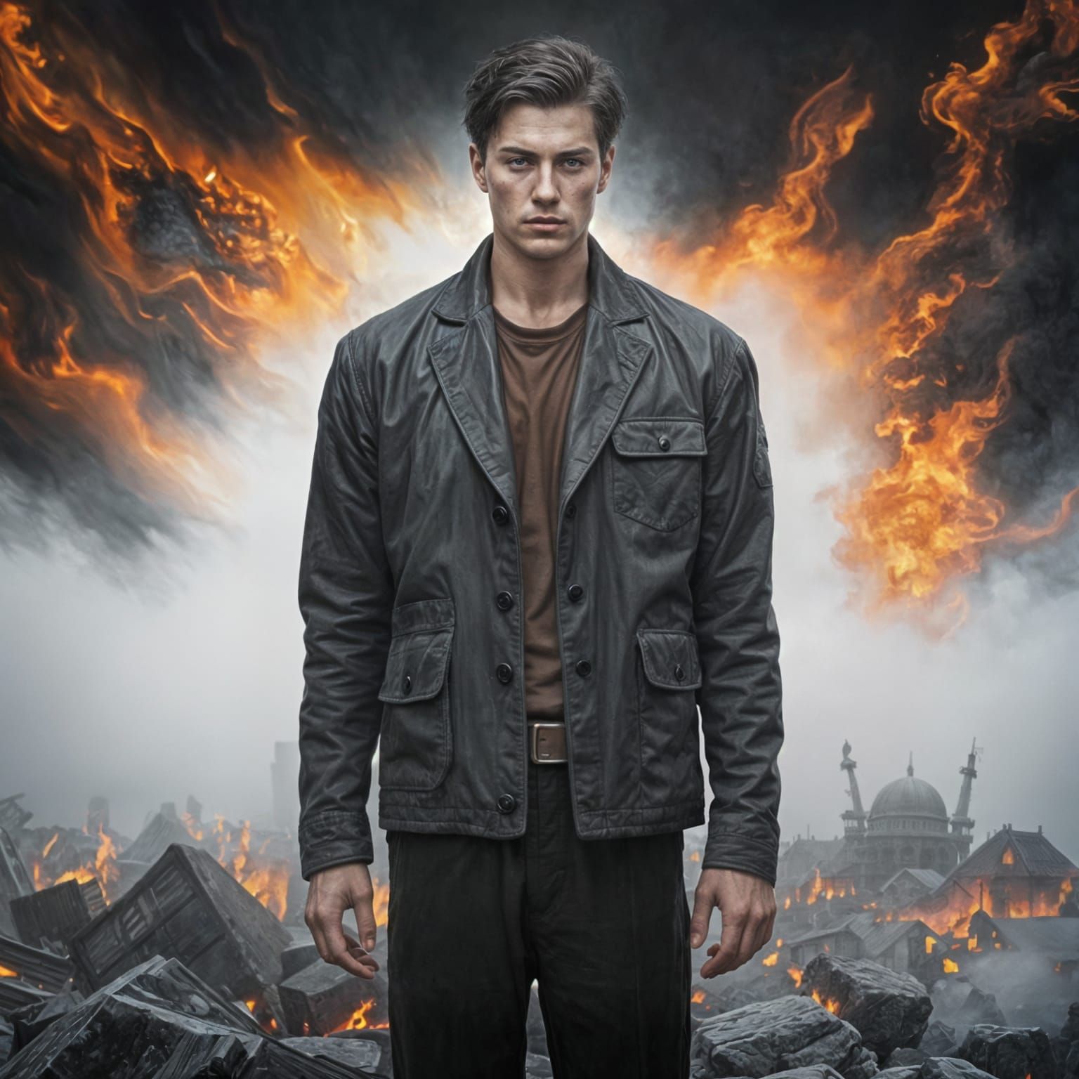 Mysterious Stranger Emerges from Fiery Fog in a Photorealist...