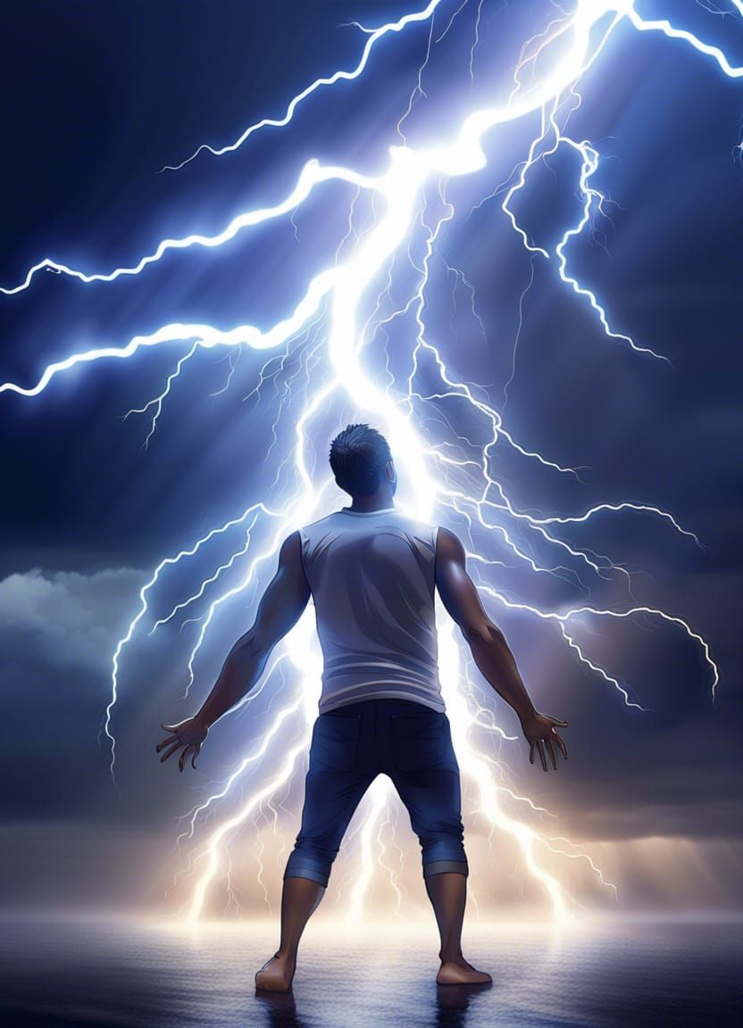 Man Contemplates Lightning Storm and Greatness