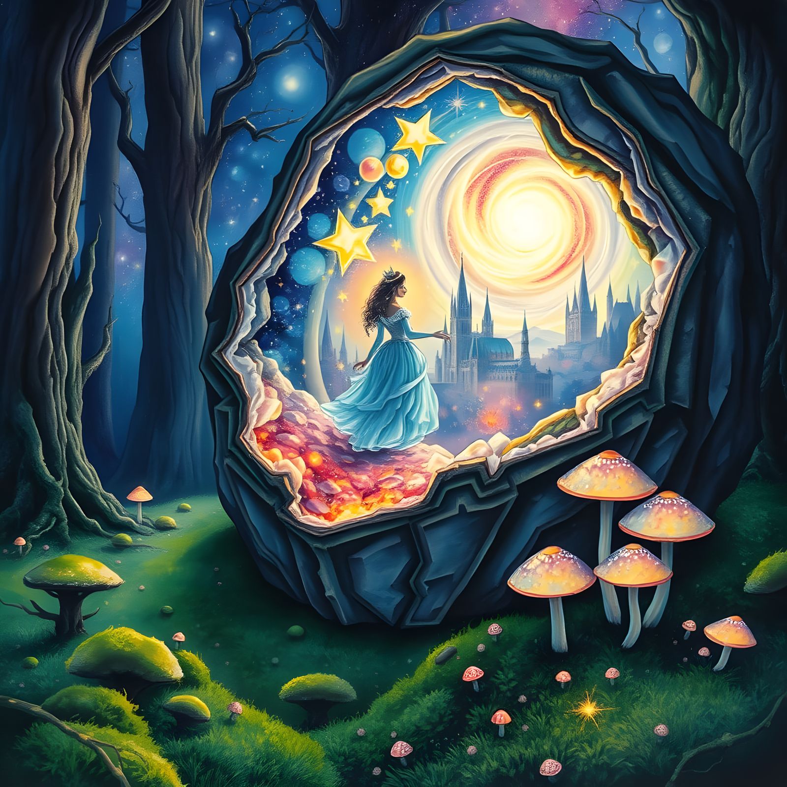 Swirling Nebula within Geode Illuminates Mossy Forest Floor