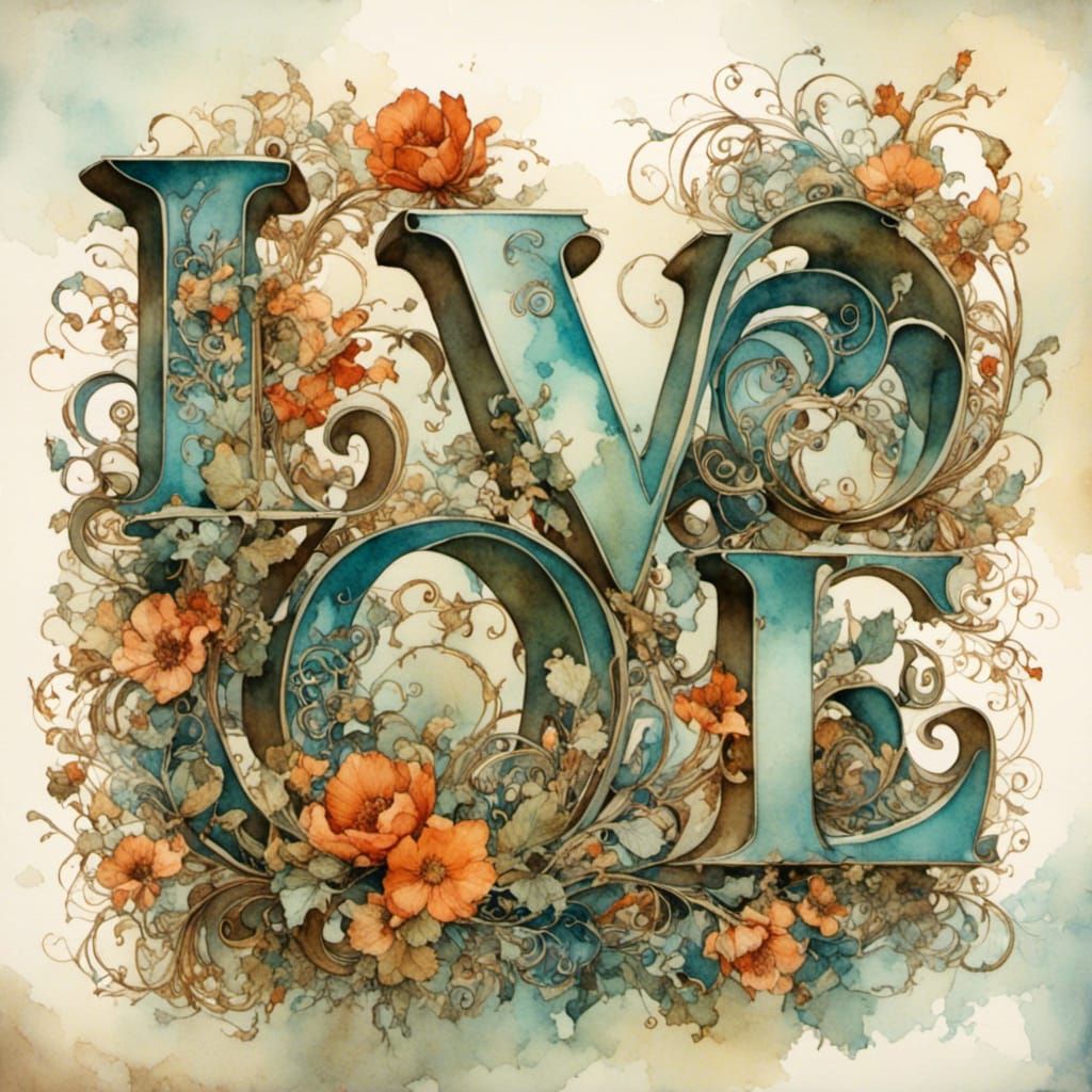 Romantic Watercolor Word Art: Love