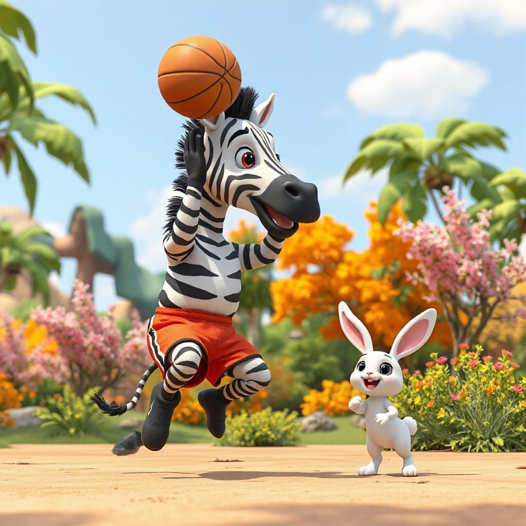 Cartoon Zebra and Bunny Play Basketball in Jungle