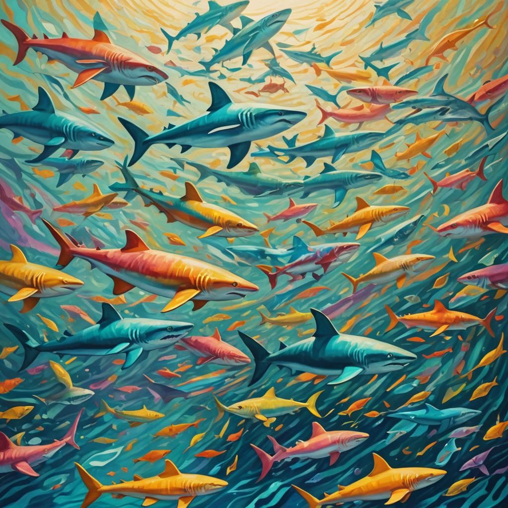 Surrealist Sharks in a Vibrant Ocean