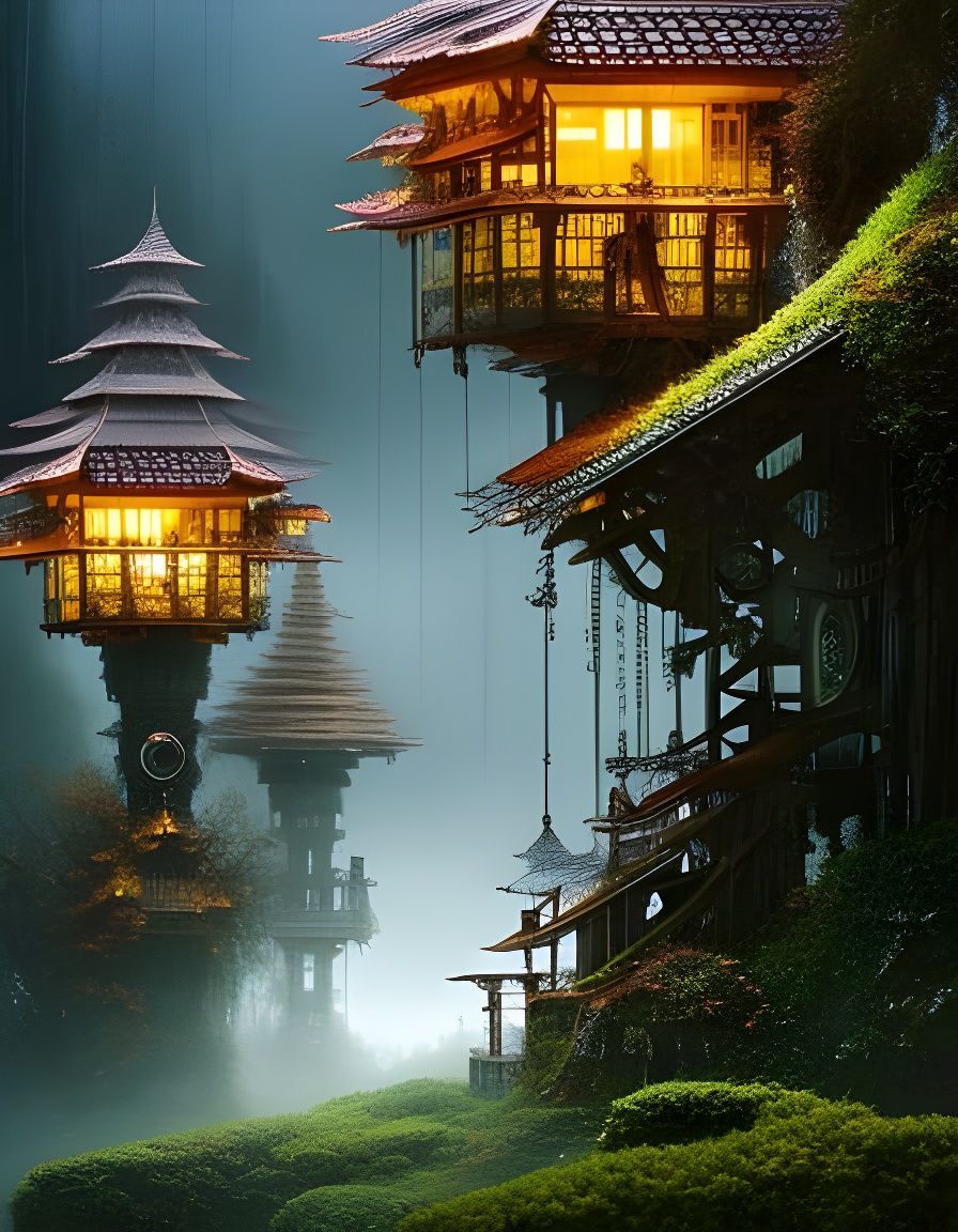 Clockpunk Bonsai Village in Fog: Digital Matte Painting