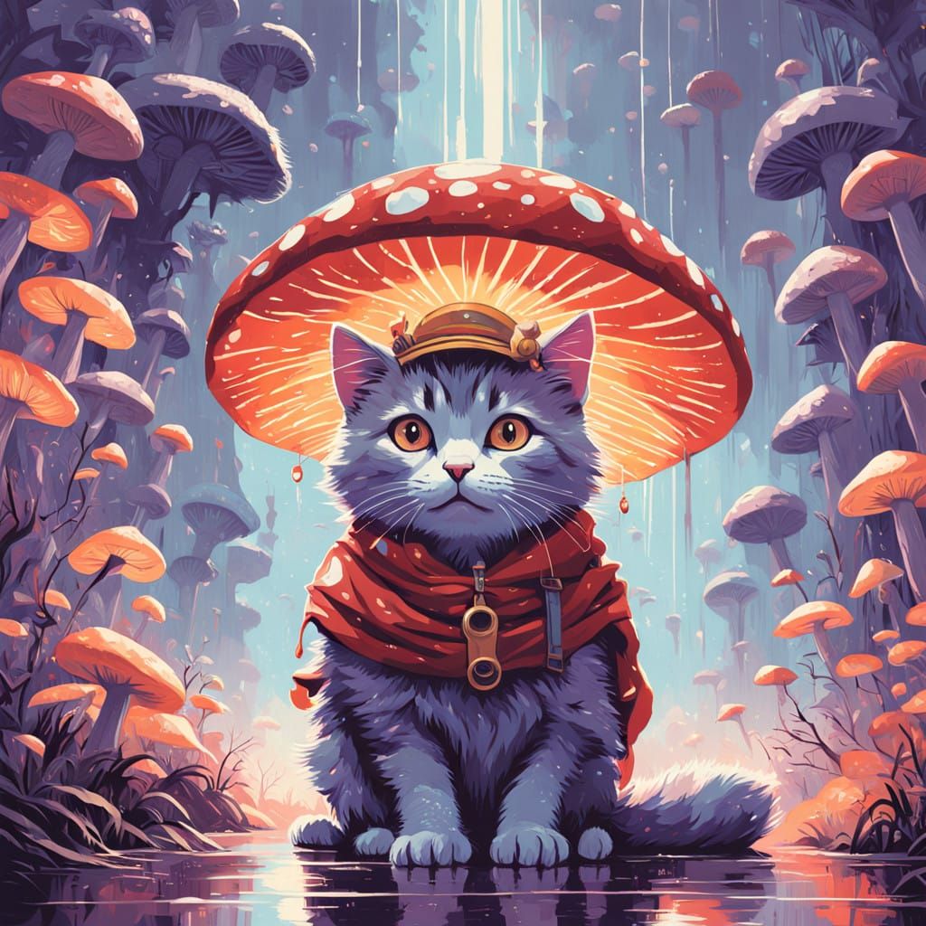 Whimsical Grey Kitten in Red Mushroom Hat