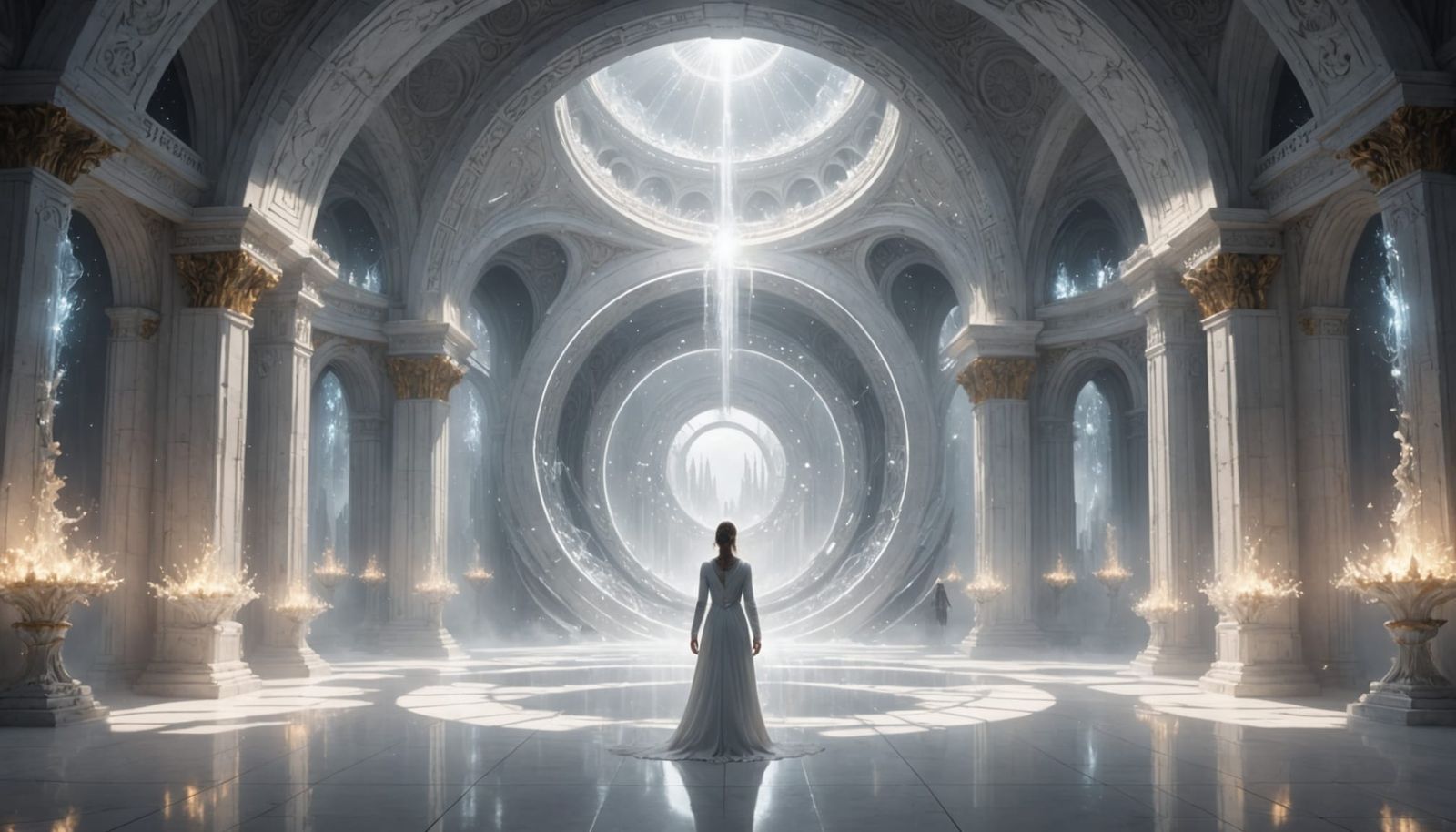 Ethereal White Space with Glowing Light Portals