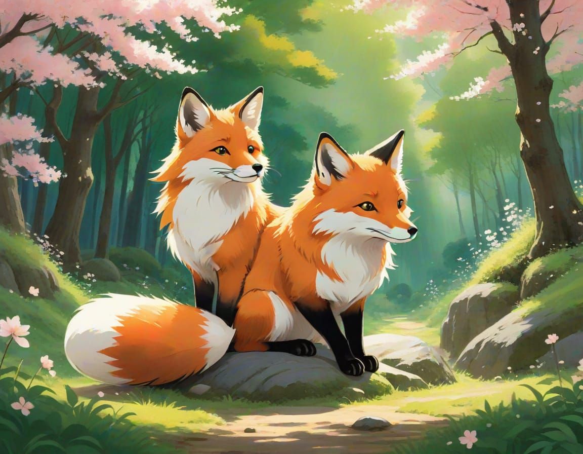 Serene Fox Under Cherry Blossom Tree in Dreamy Watercolor St...