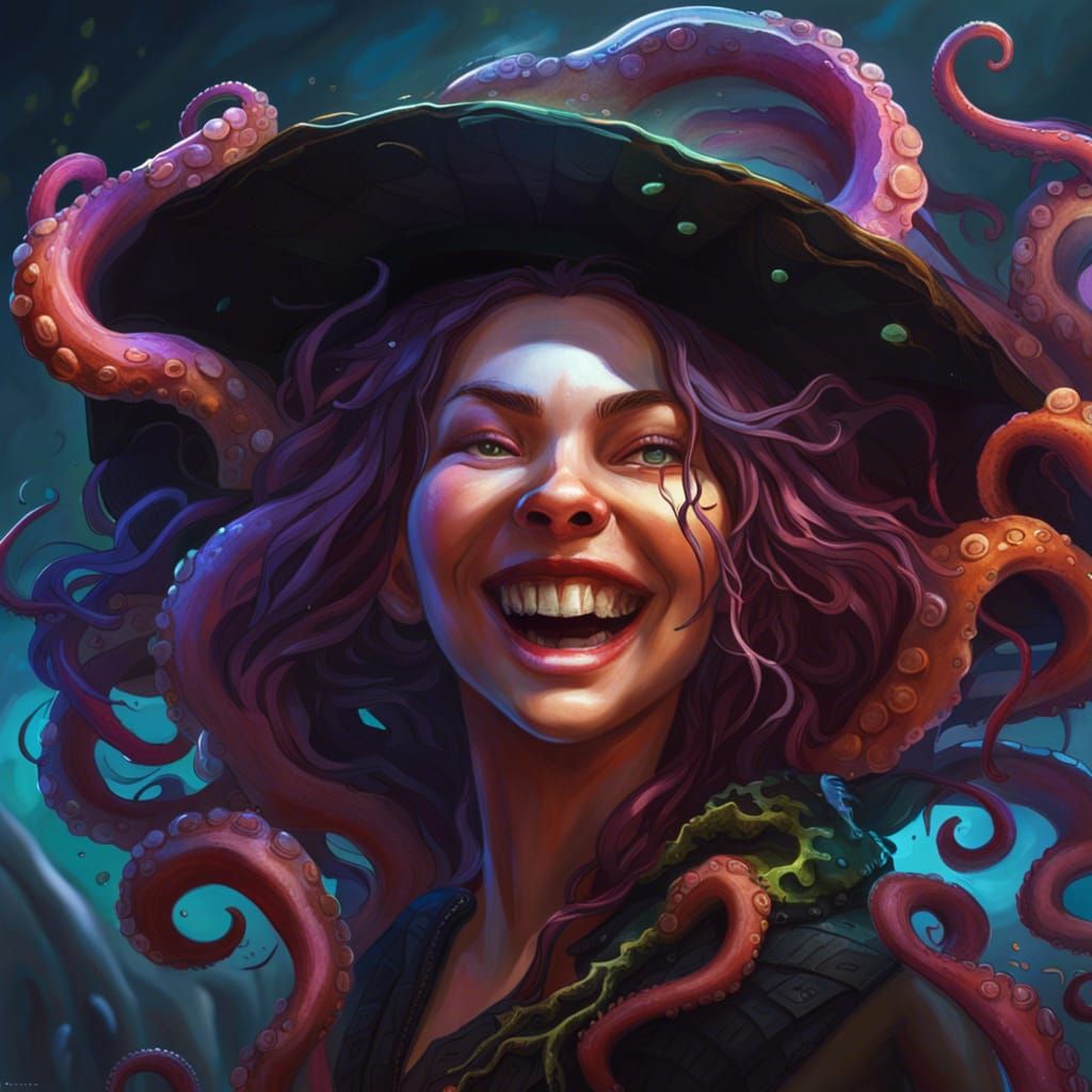 Grinning Witch with Rising Tentacles: Hyperrealistic Concept...