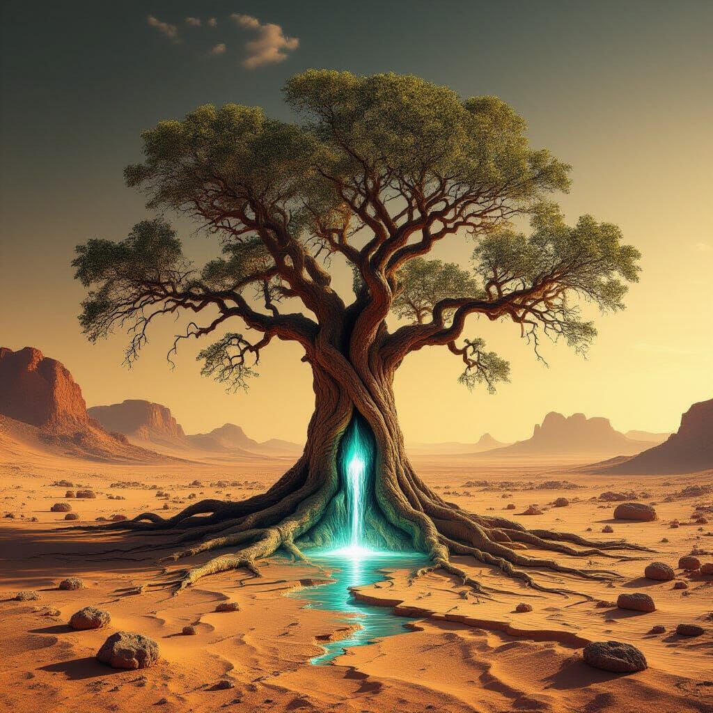 Ancient Tree in Alien Desert with Ethereal Glow