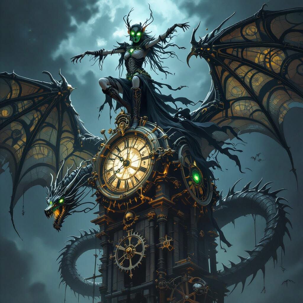 Skeletal Elf Dancer on Bone Clock Tower with Dragon