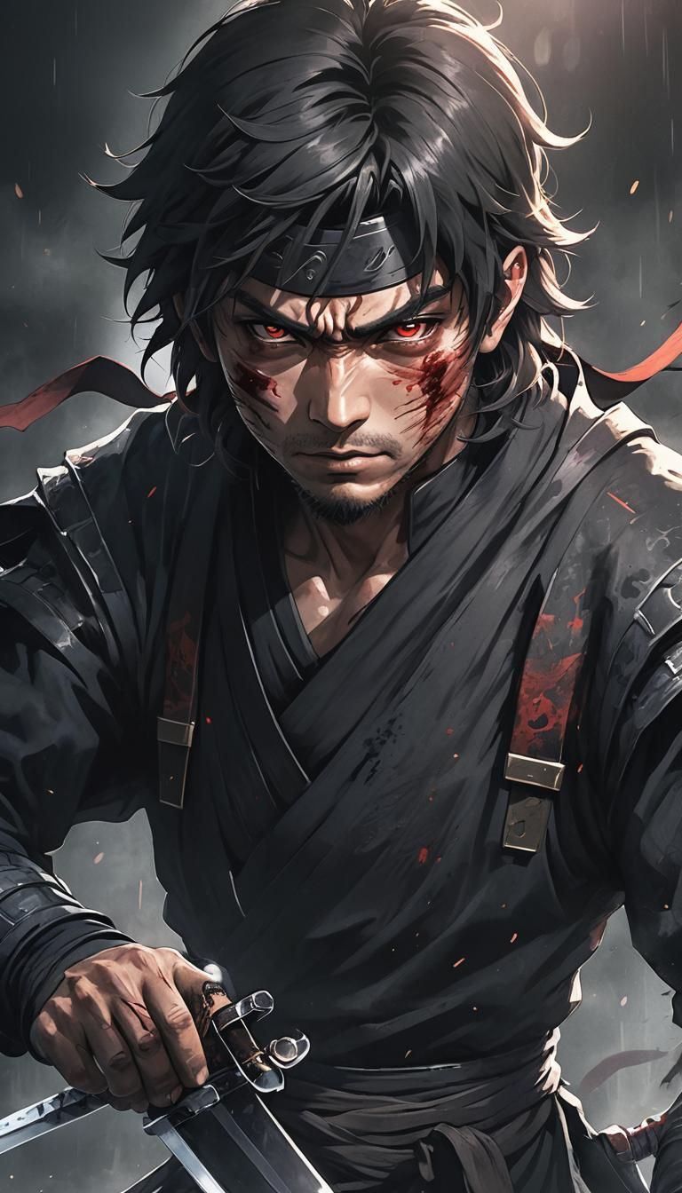 Anime Ninja Warrior with Katana and Intense Gaze