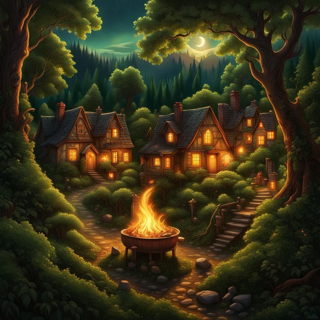 Lush Forest Village Under Crescent Moon