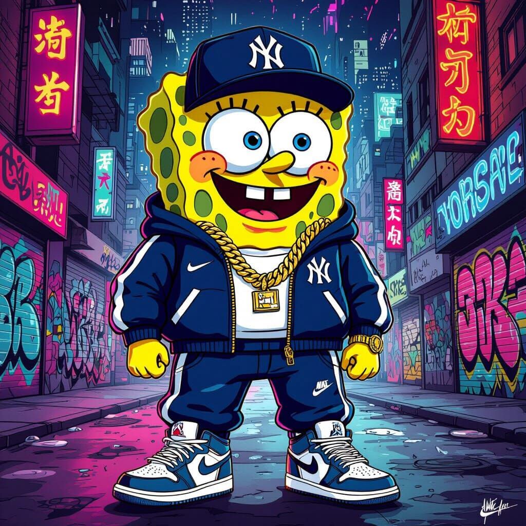 Spongebob Squarepants in Nike Tech, Jordans, and Yankees Cap