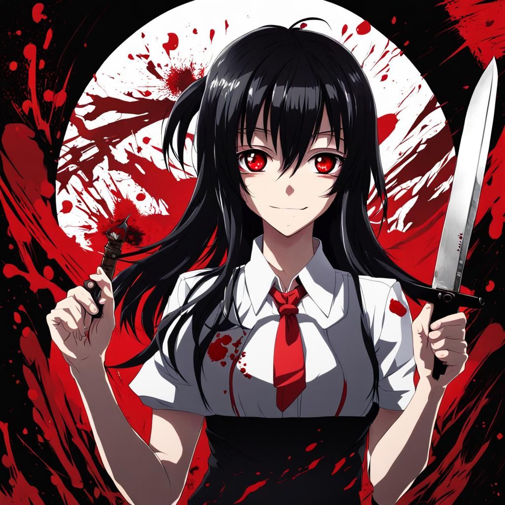 Yandere Anime Girl with Knife and Red Eyes