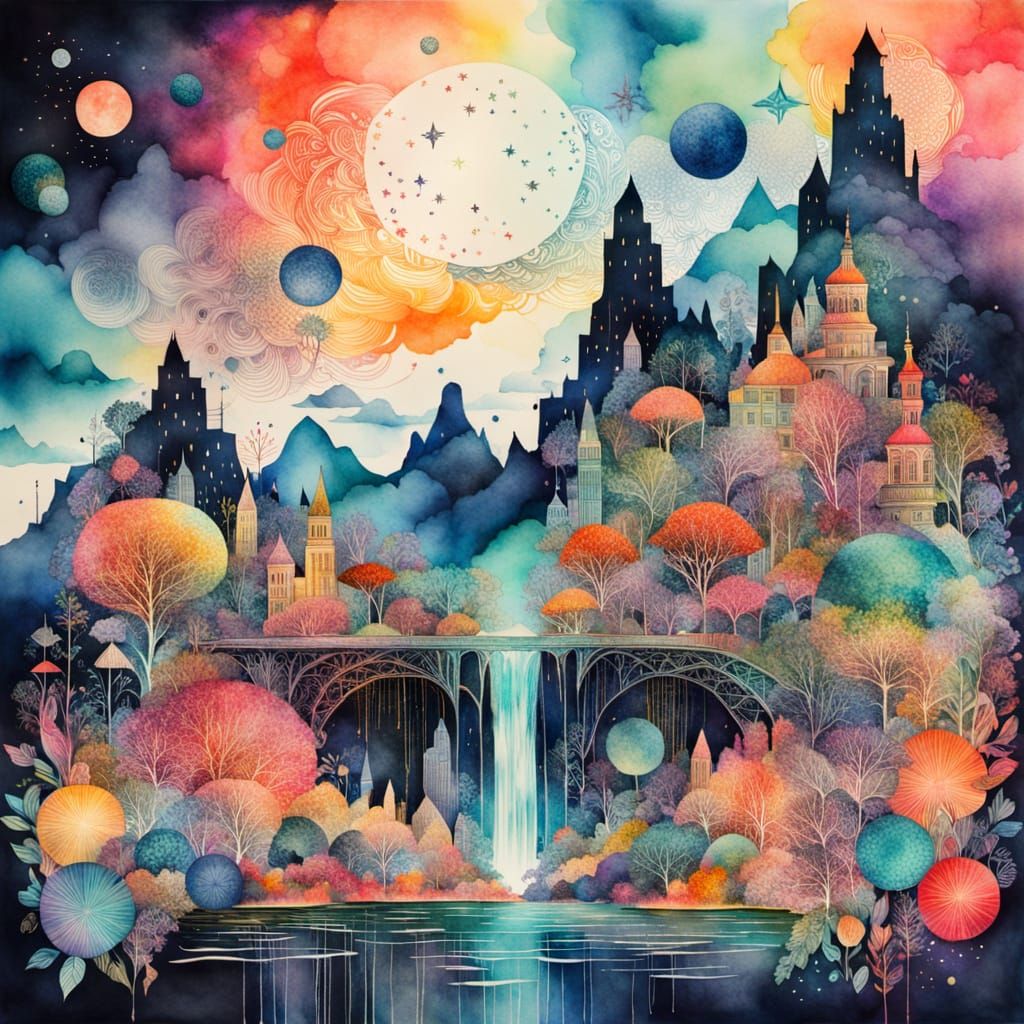 Ink Watercolor Collage of Floating Islands and Waterfalls