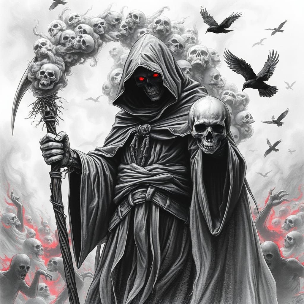 Death Reaper with Fire Fighting Scythe: Dark Fantasy Art