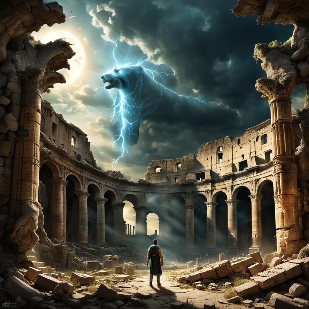 Post-Apocalyptic Colosseum with Poseidon, Beksiński Style