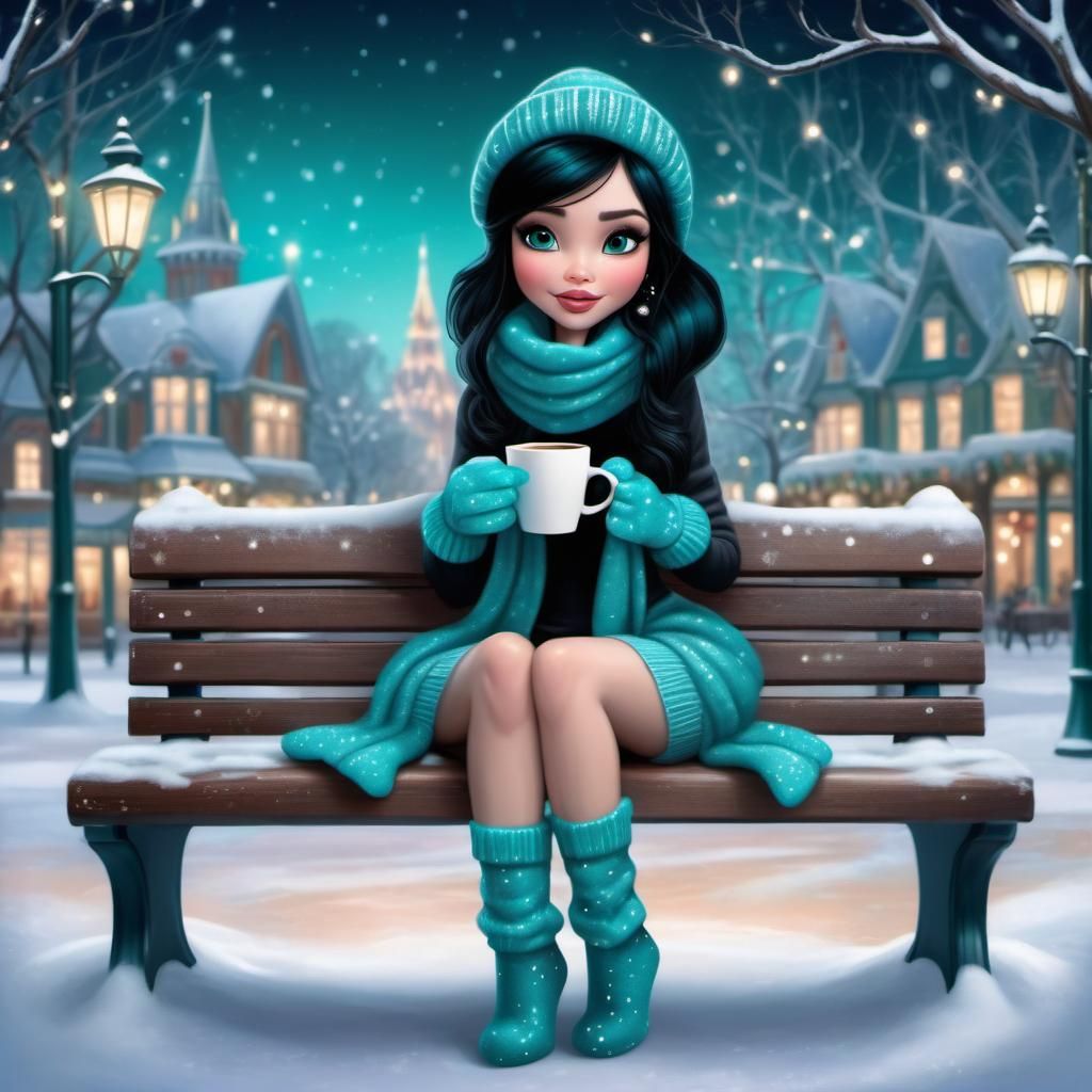 Mittens Disney Pixar style 3D beautiful woman with black hair, wearing teal glittery sparkly mittens, sitting on a park ...