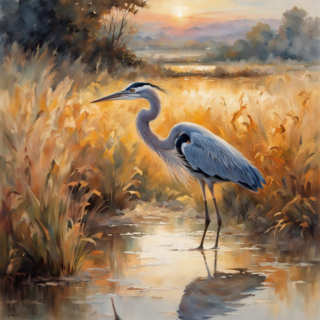 Surreal Watercolor of Heron Catching Fish in Sunset Rice Fie...