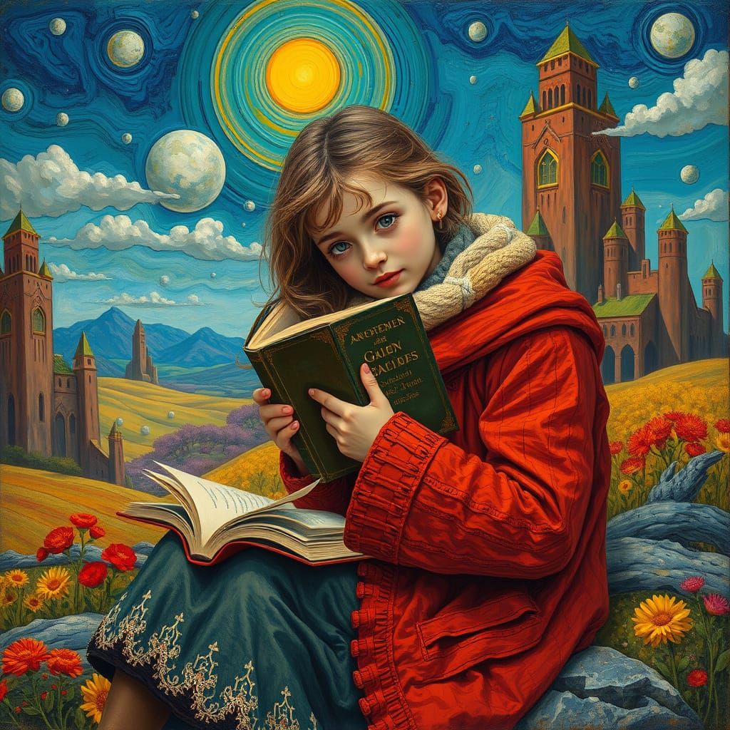 Girl Reading in Surreal Hyperrealistic Landscape
