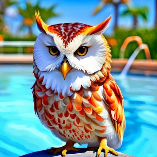 Owl Relaxing at Pool in Impasto Painting Style
