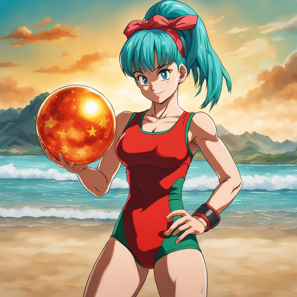 Bulma on Beach: Photorealistic Dragon Ball Z Portrait