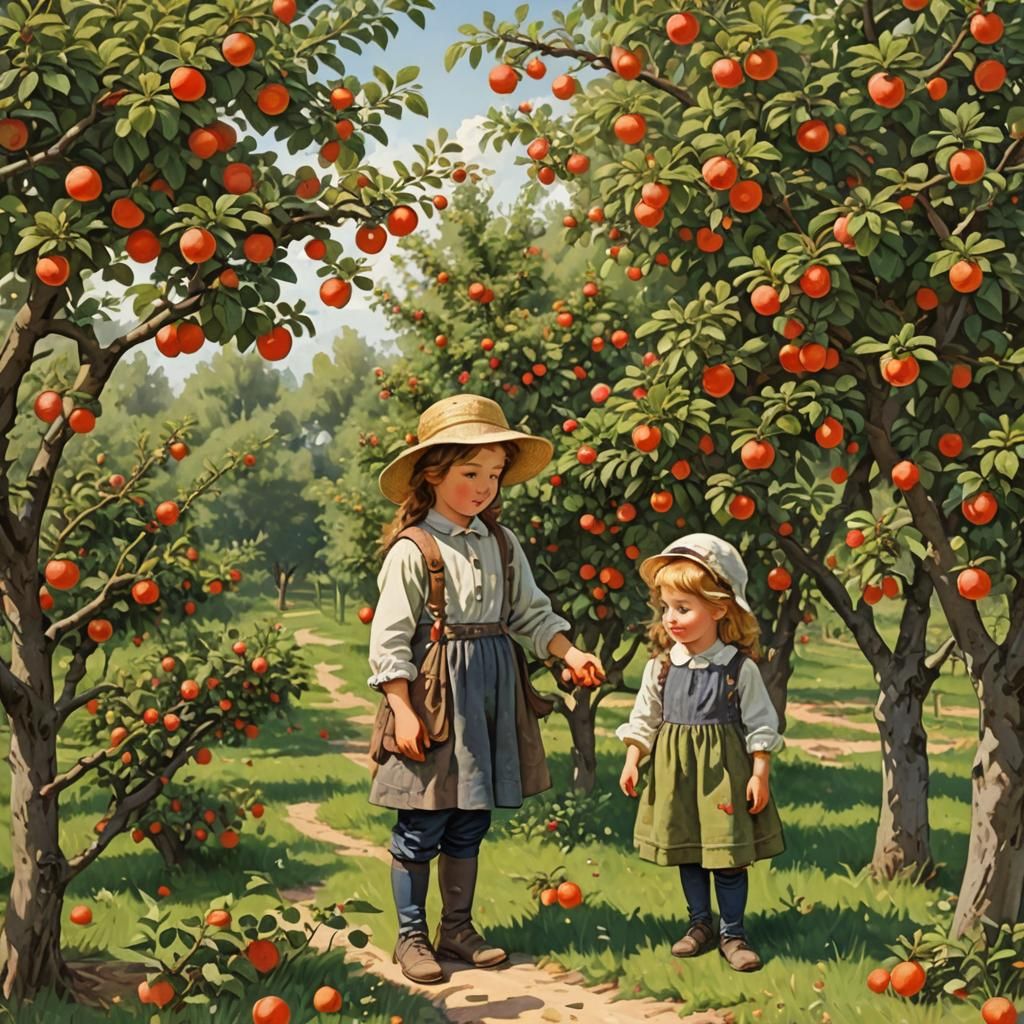 Orchard Scene with Children and Rose Bush
