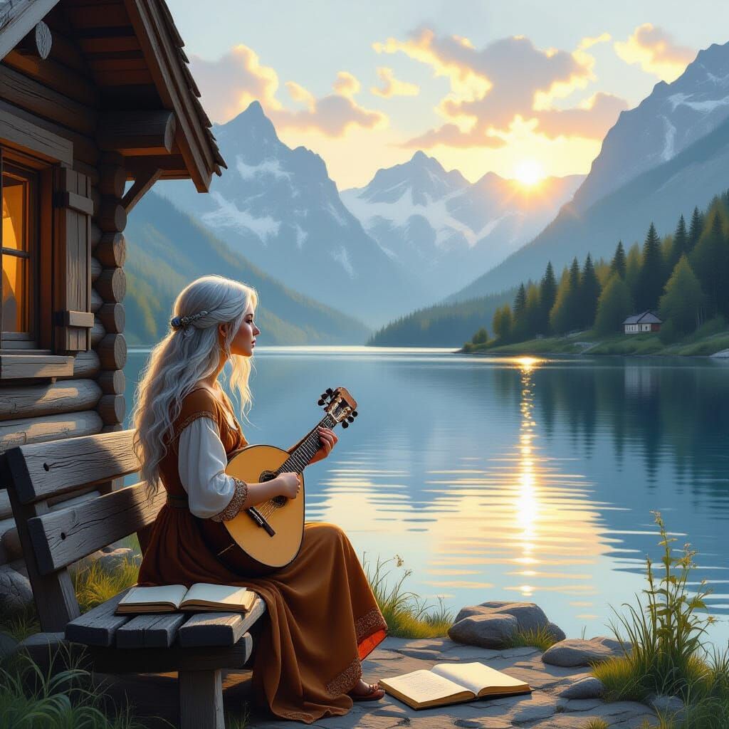 Breton Woman by Mountain Lake at Sunset