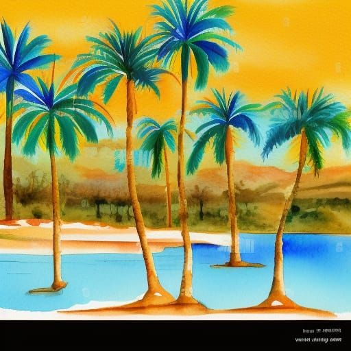 Watercolor Oasis with Palm Trees and Camels