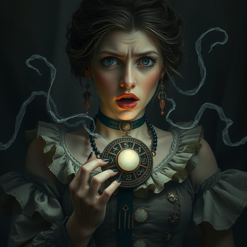 Woman Consumed by Cursed Amulet: Macabre Illustration