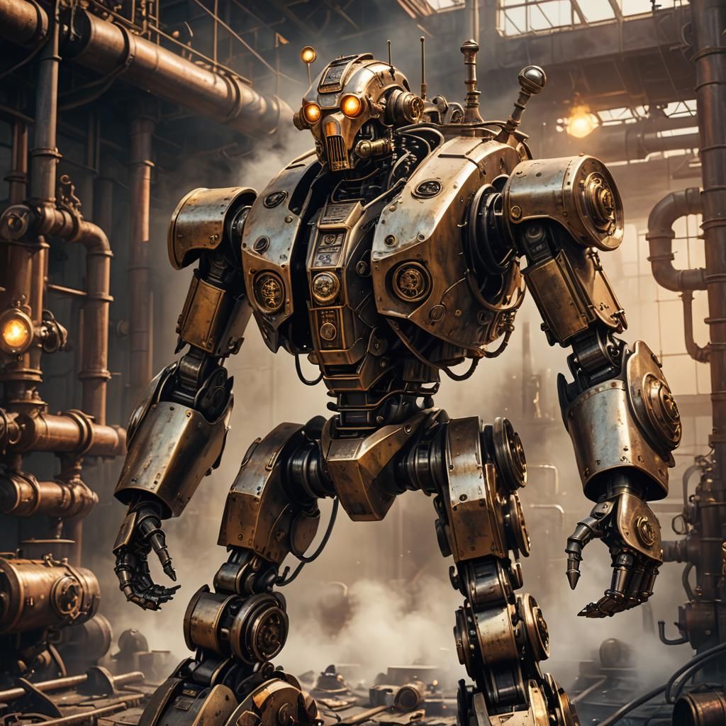 Steampunk Battle Robot Amidst Hissing Pipes