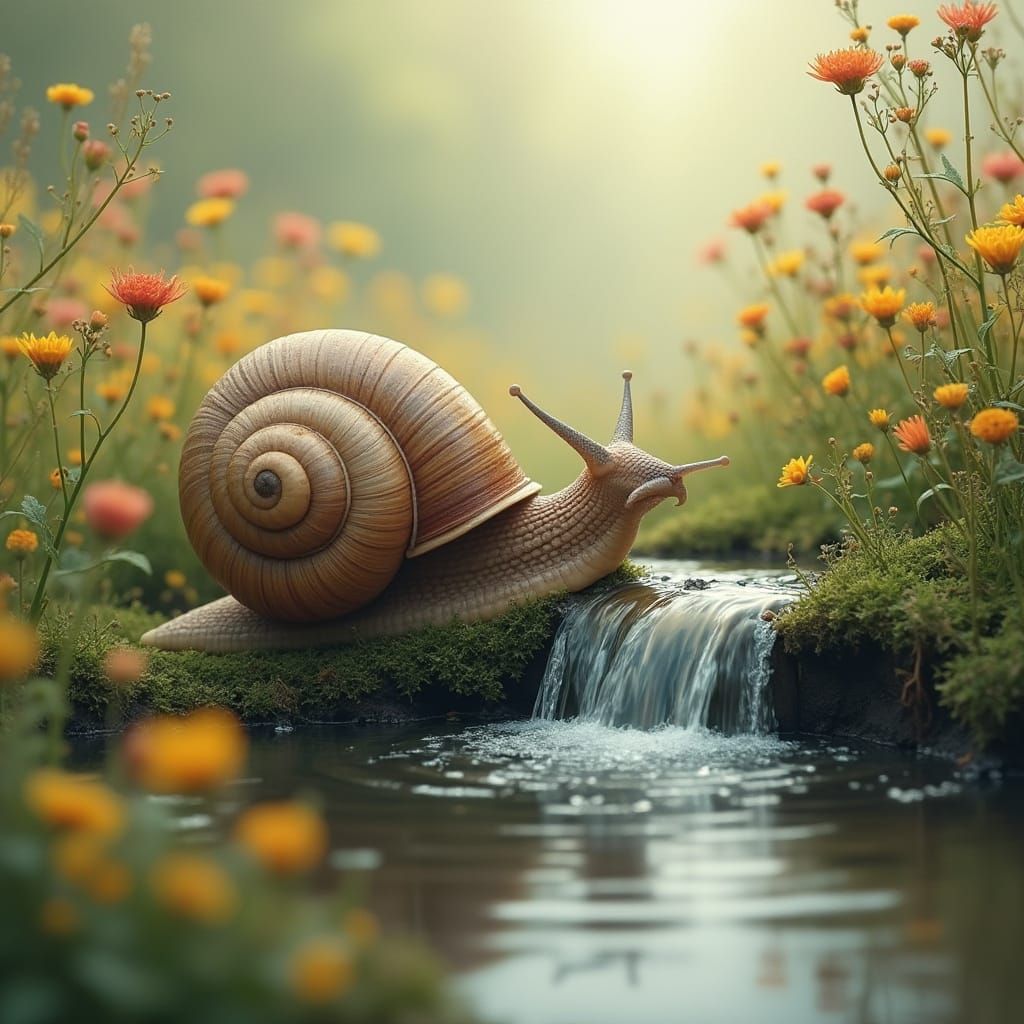 Whimsical Watercolor Scene of Snail in Serene Pond