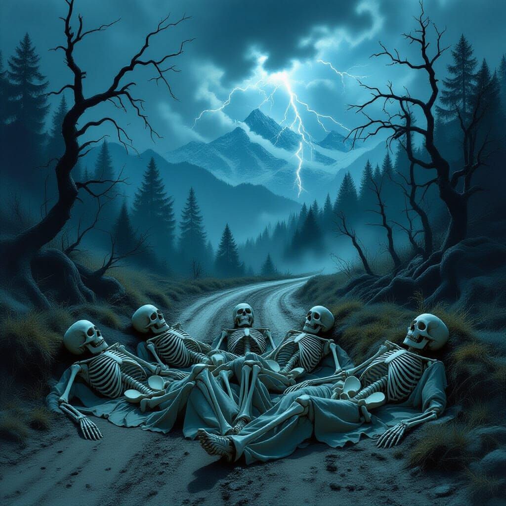 Skeletons by a Misty Road in Gothic Horror Style