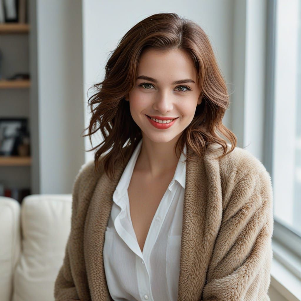 Confident Woman in White Blouse and Brown Coat