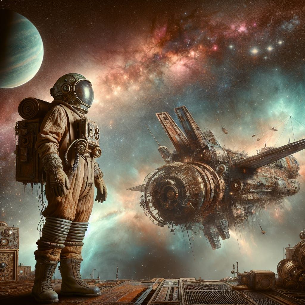Steampunk Astronaut in Space Salvage