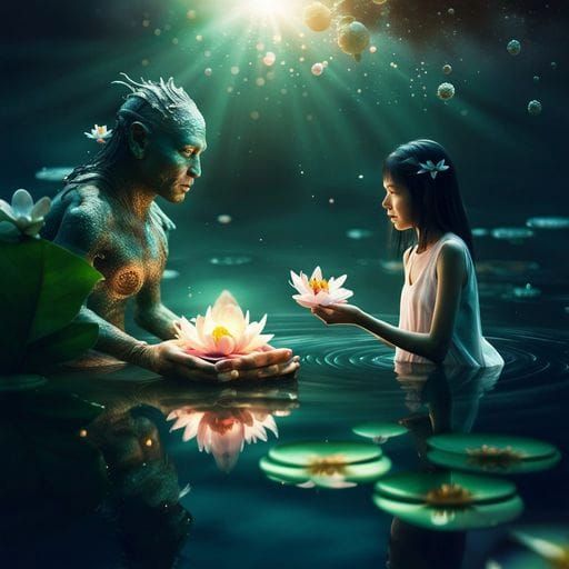 Kappa Giving Gift Above Lily Pond: Photorealistic