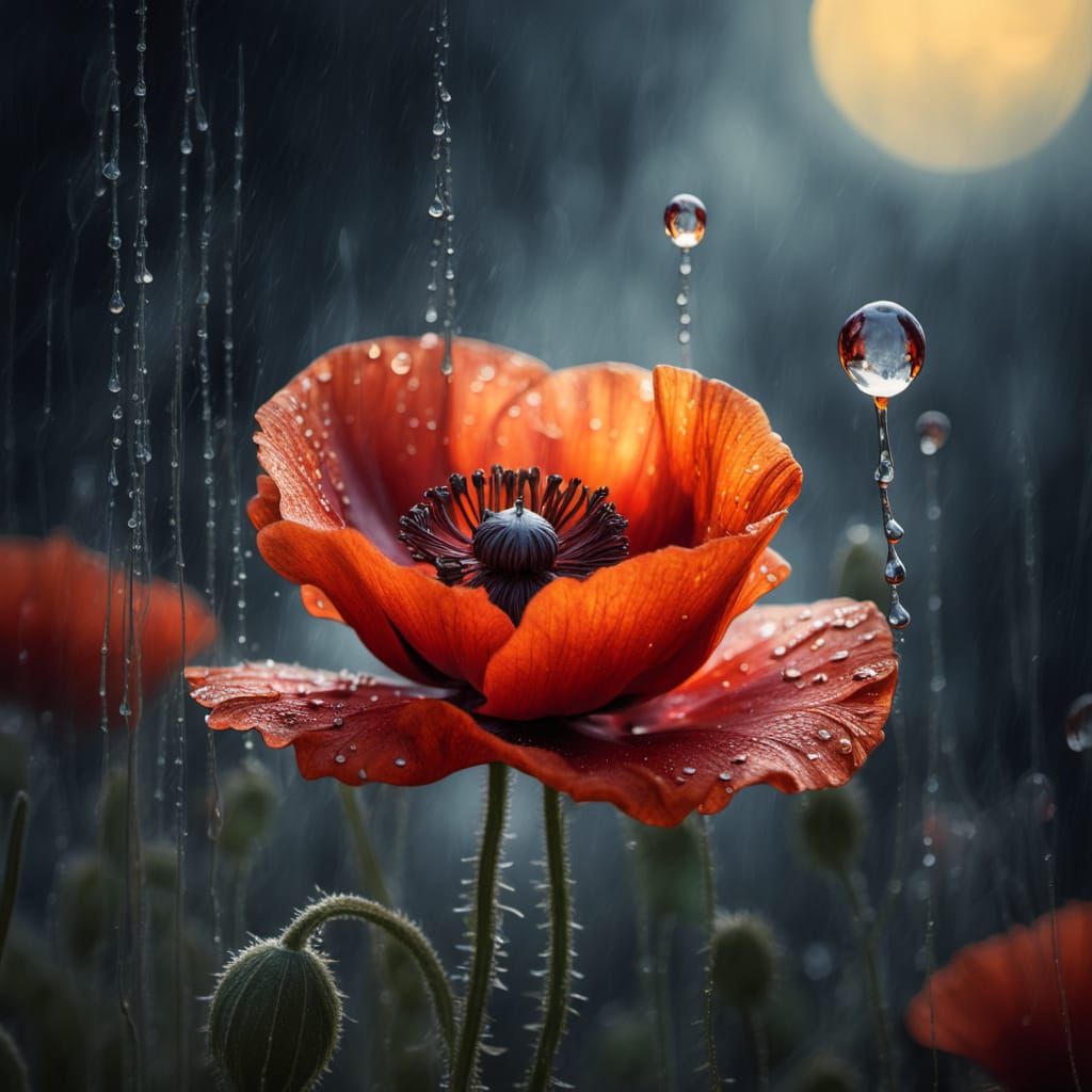 Ethereal Poppy in Moonlight: Surreal Oil Painting
