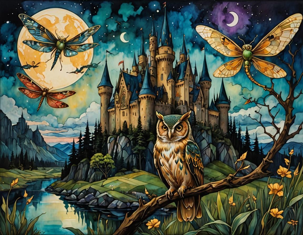 Surreal Cel-Shaded Owl with Dragonflies and Castle