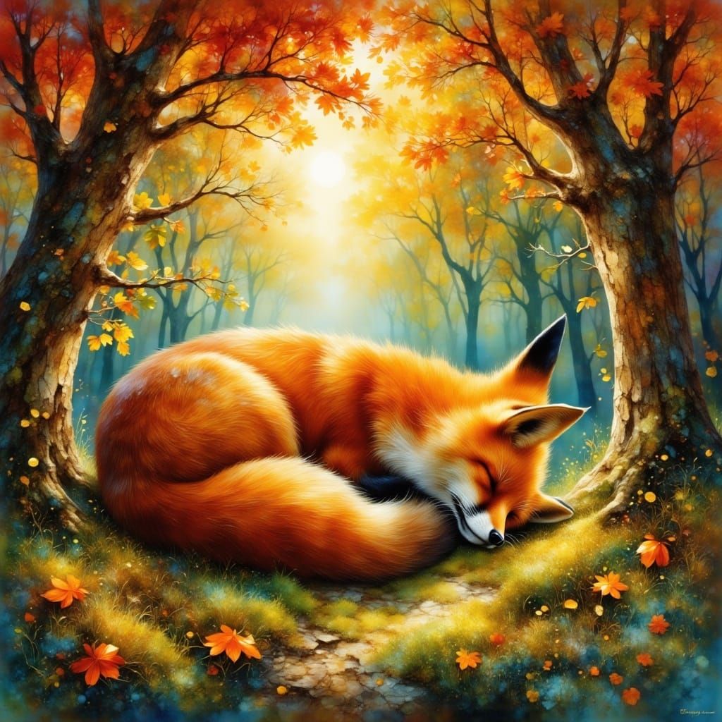 Sleeping Fox in Sunlit Autumn Forest Clearing