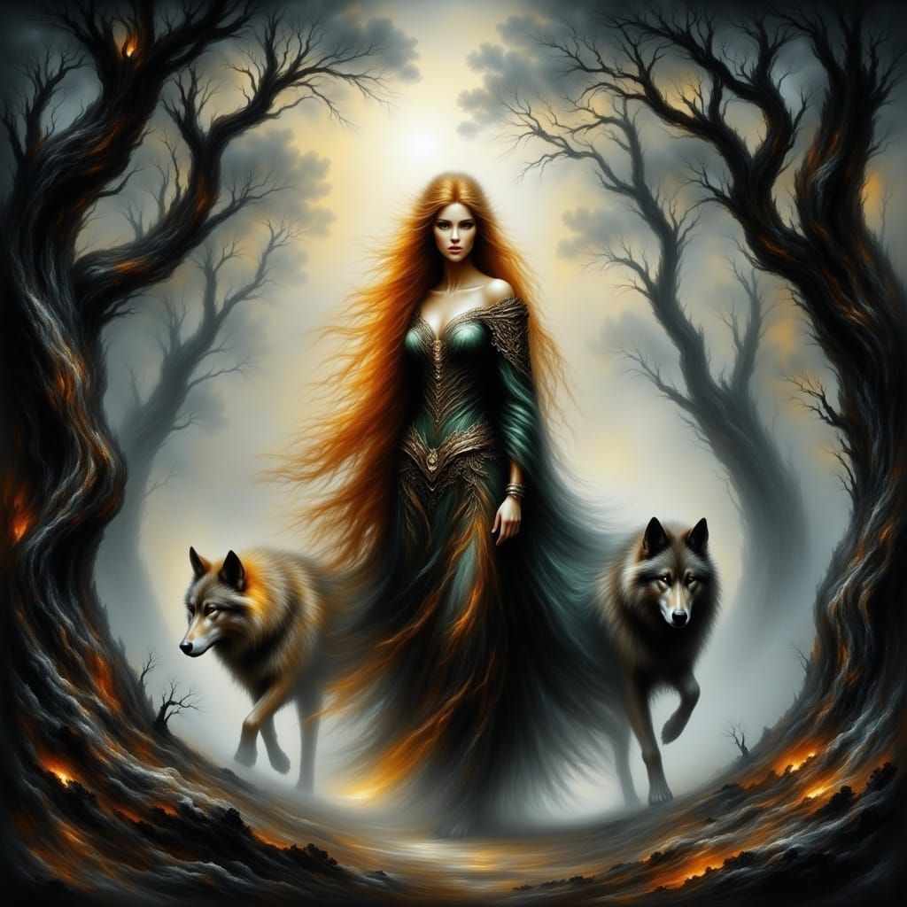 Celtic Woman with Wolves in Mystical Forest