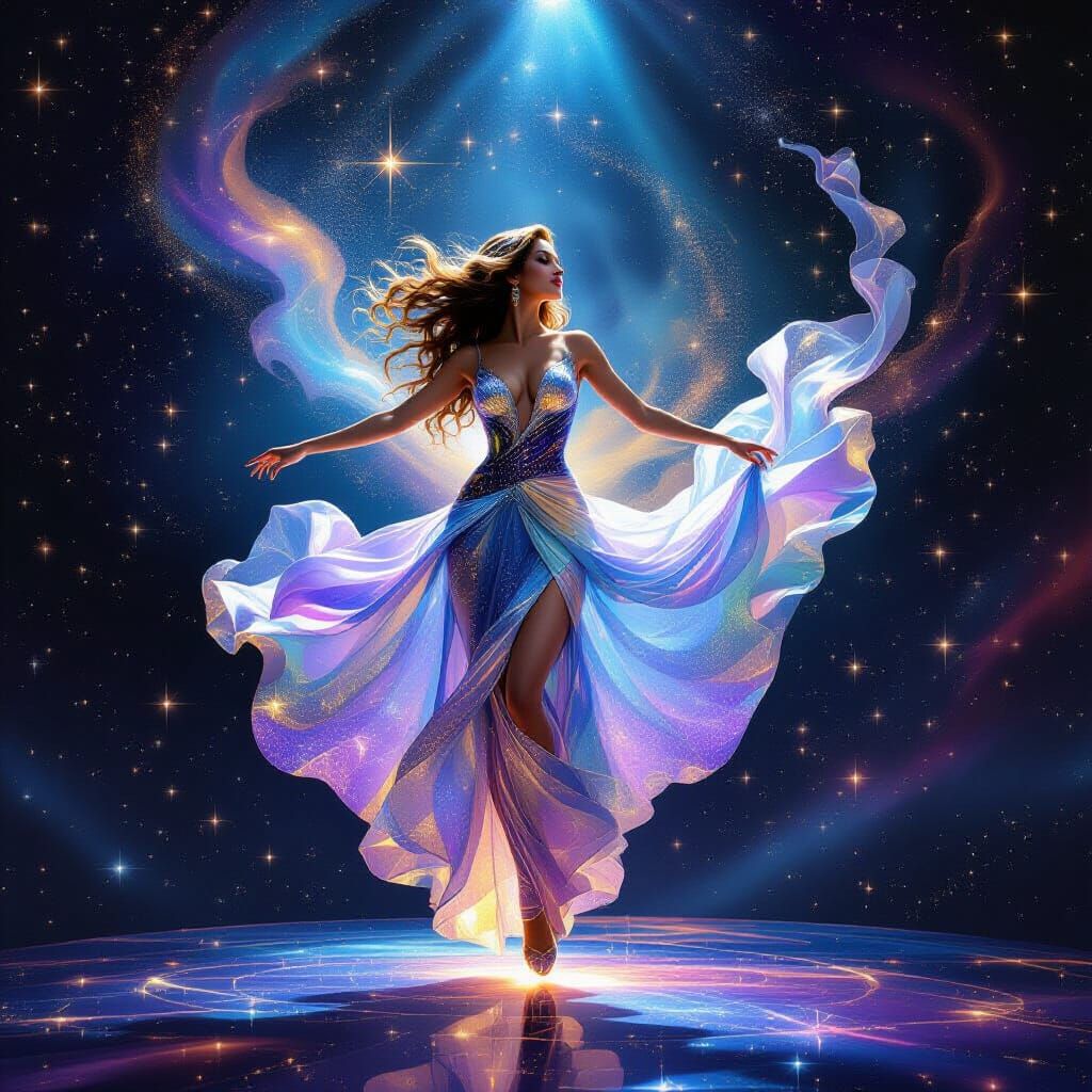 Starlight Showgirl Floating on Cosmic Stage in Digital Art