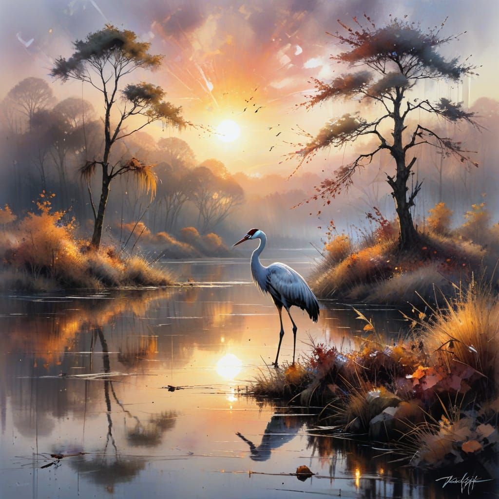 Winter Crane on Misty Lake in Watercolour Style