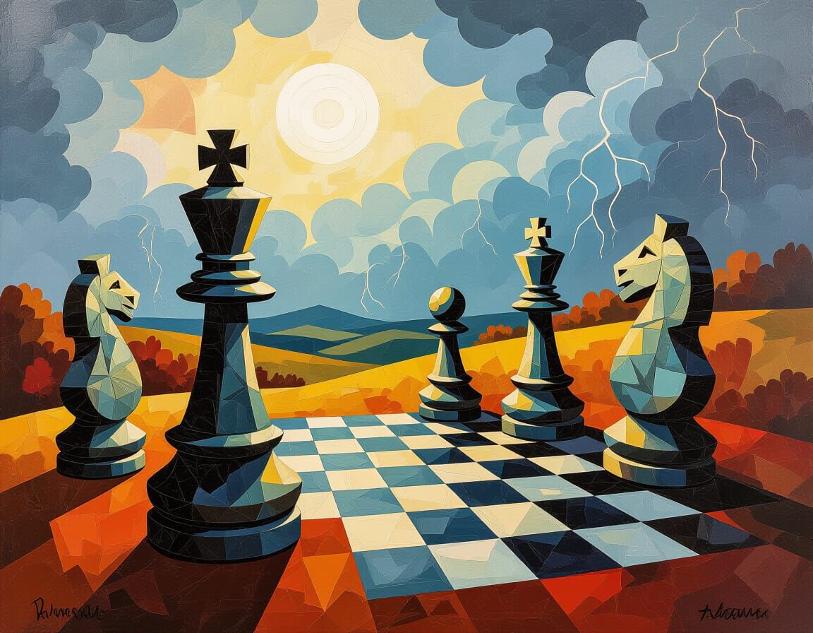 Mystical Chess World in Autumn Landscape as Impasto Painting