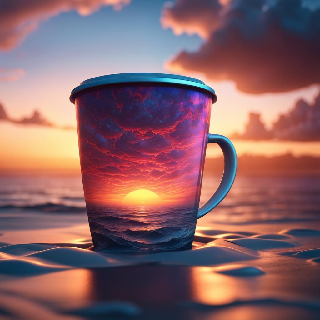 Ocean Sunset in Holographic Coffee Cup