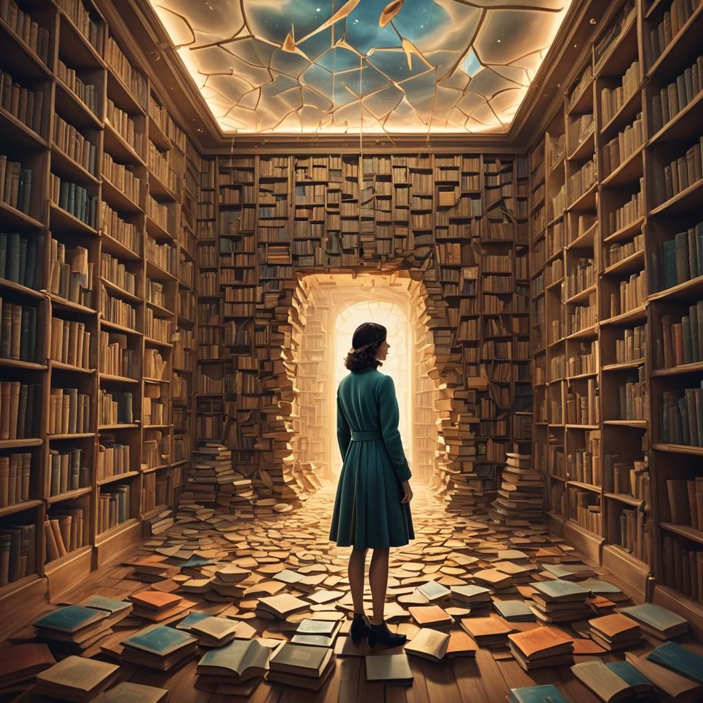 Surreal Library with Woman, in Dali Style