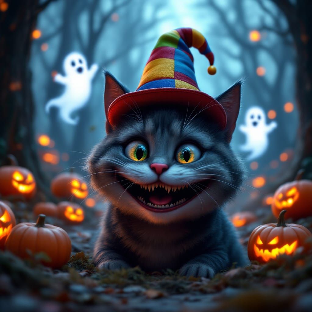 Spooky Clown Cat in Haunted Forest 3D Anime Art