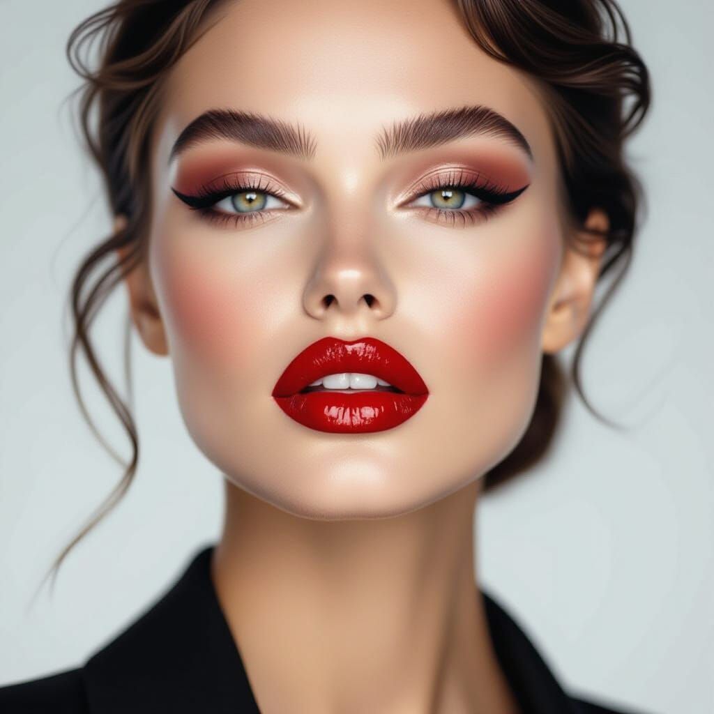 Striking Woman with Crimson Lips and Bold Makeup