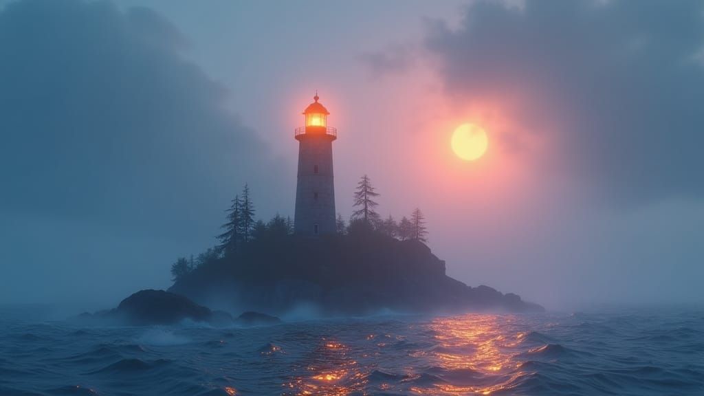 Lighthouse on Misty Island in 3D Rendered Style