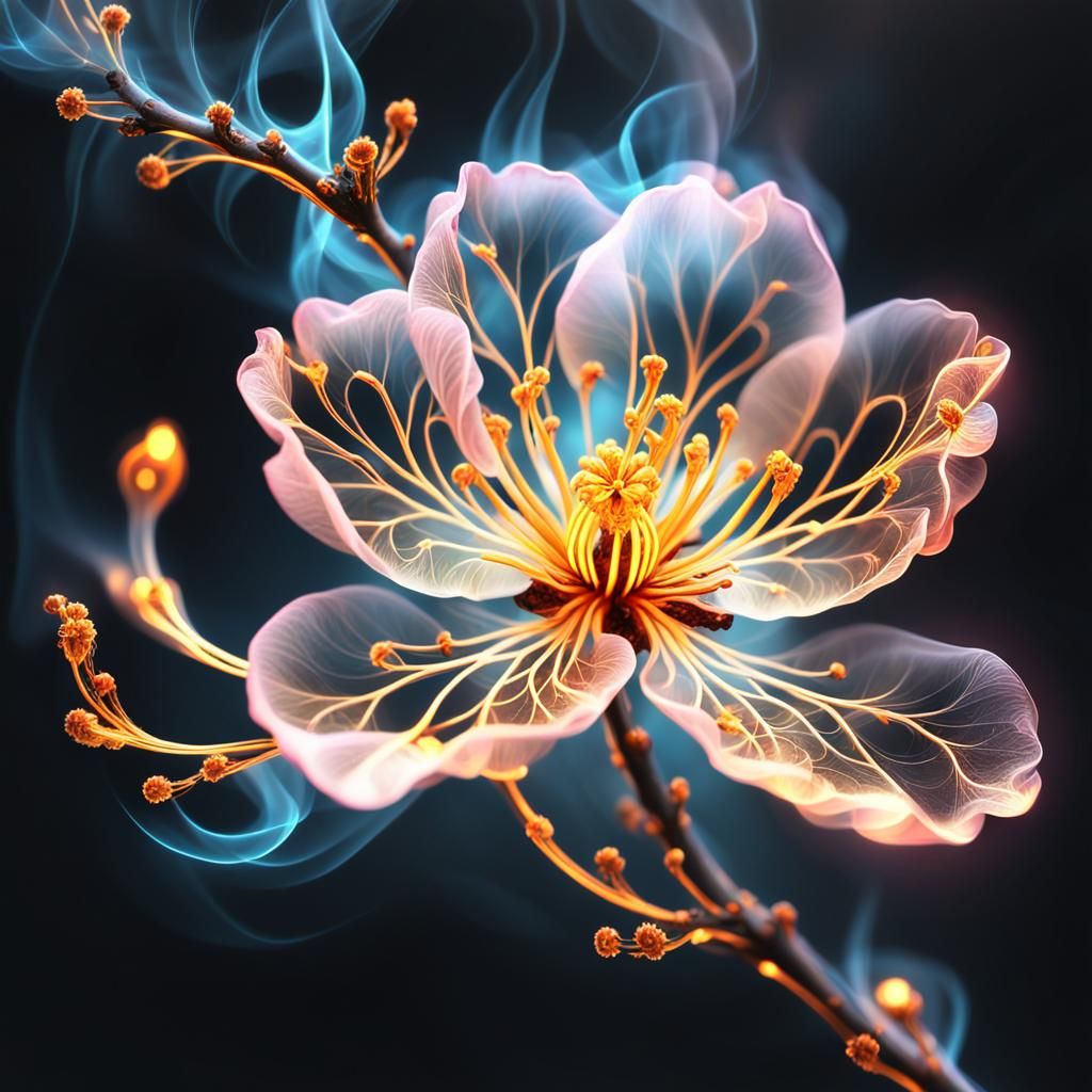 Golden Sakura with Fractal Fire Tendrils as Digital Art