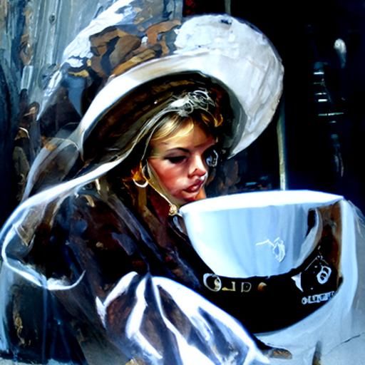 Mademoiselle Sipping Coffee as Oil Painting