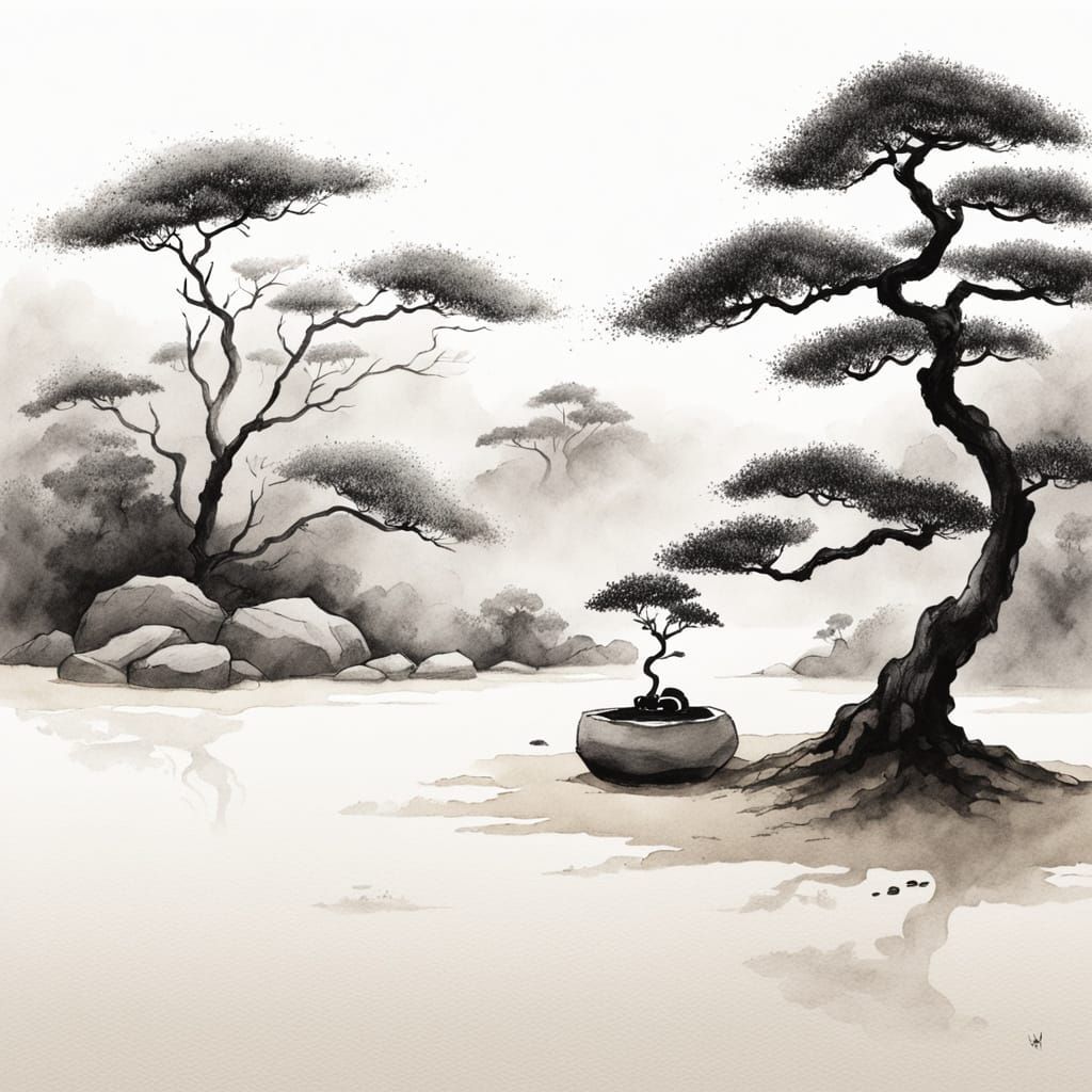 Minimalist Japanese Garden in Ink Wash Style